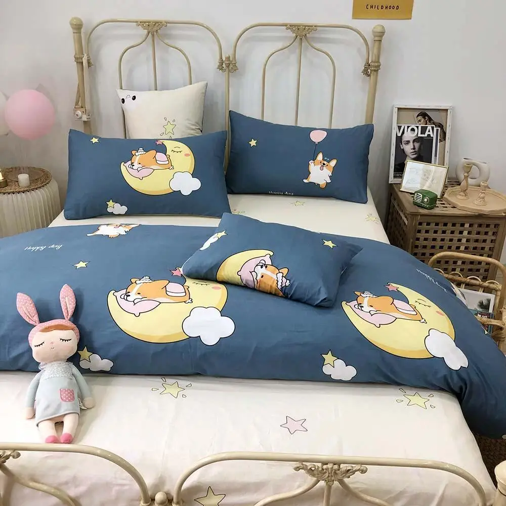 47 Cartoon Blue Corgi Moon Duvet Cover Set Kids Children Flat Sheet Cotton Bedlinens Twin Queen Bedding Sets Pillowcases | Дом и сад