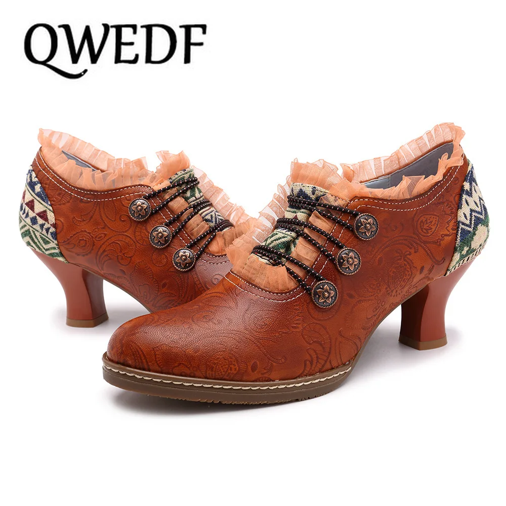 

QWEDF 2019 Retro Pumps Hand Painted Flowers Pattern Stitching Genuine Leather Zipper Pumps Elegant Ladies Shoes Women X14-79
