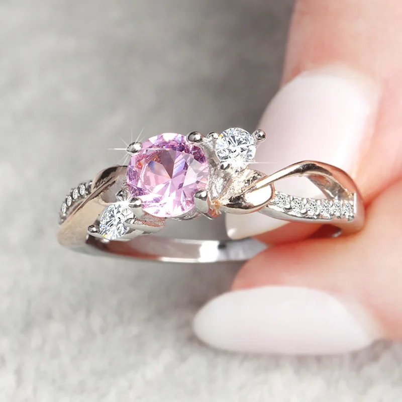 2020 new 14K rose gold fashion sweet simple cute leaf pink crystal high quality ladies diamond ring princess wedding engagement | Украшения