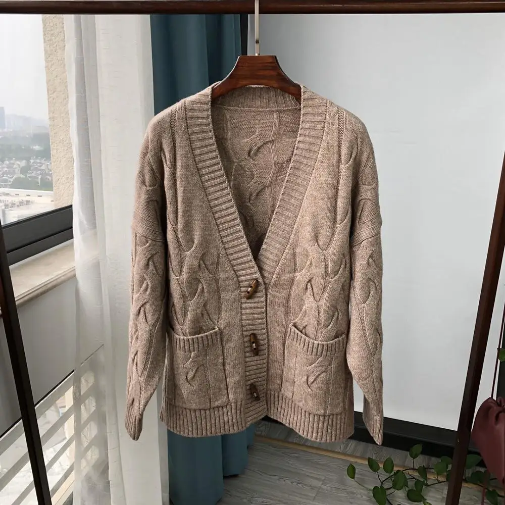 

Brand Fashion Women High Luxury Autumn Winter Vintage Elegant Wool Loose Silhouette Thick Twist Knitted Cardigan Sweater