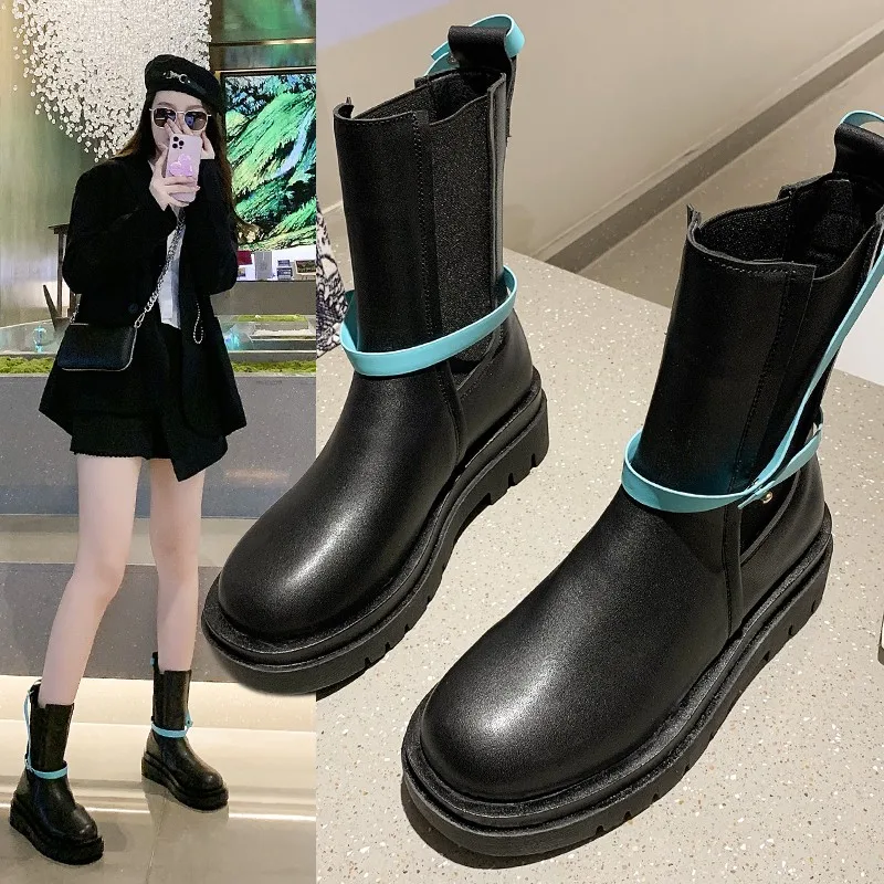 

Модные ботинки челси на платформе и среднем каблуке, новинка зимы 2022, Дизайнерские ботильоны-гладиаторы на массивном каблуке, теплые Повсед...