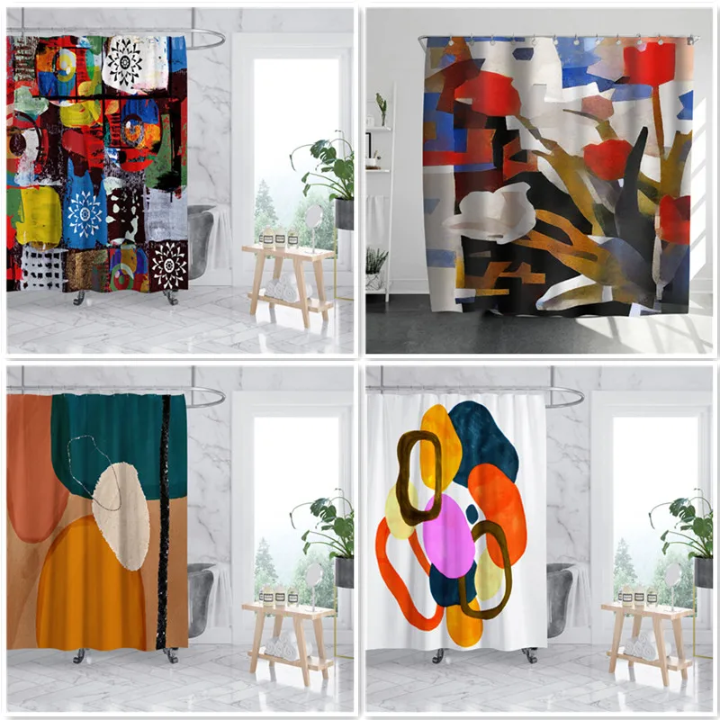 

Oil Painting Graffiti Art Pattern Shower Curtains For Bathroom Seaside Beach Sundown Scenery Bath Room Bathtub Waterproof Screen