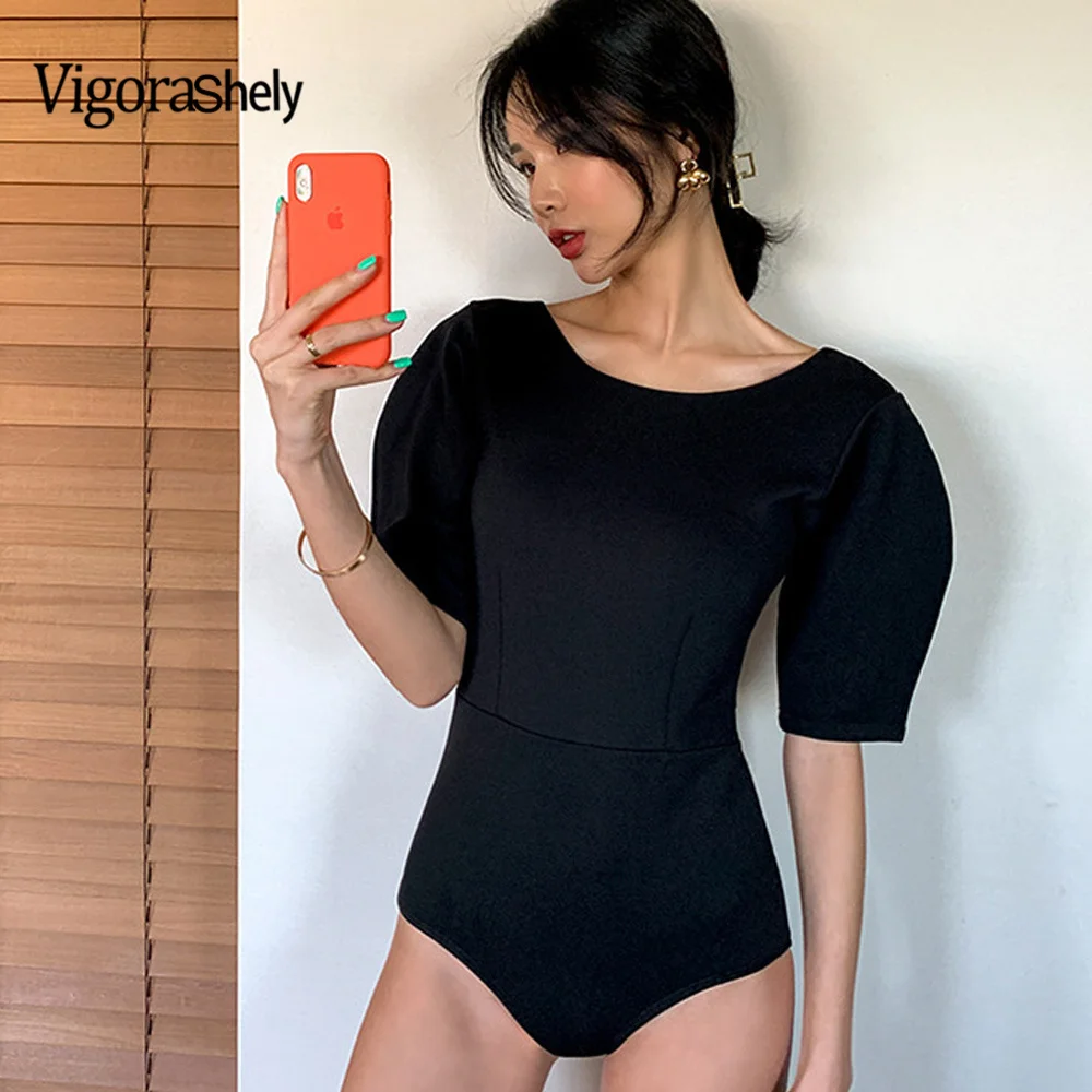 

VigoCasey 2023 Black Half Sleeve Swimwear Women Sexy High Waist One Piece Swimsuit Monokini Back String Bathing Suit Beachwear