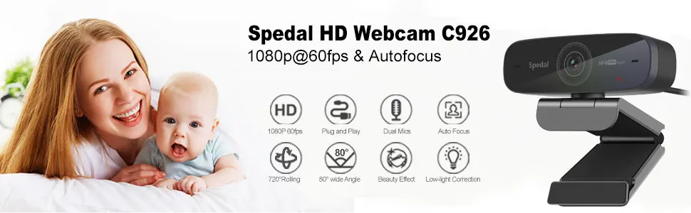 Spedal AF926 Full HD1080p 60FPS Webcam Auto Focus USB Camera with Microphones for Facebook YouTube  Conferencing Online Learning rear view mirror backup camera