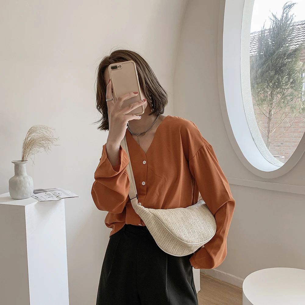 

Fashion Women Summer Beach Vacation Woven Solid Color Shoulder Crossbody Messenger Bag Casual Large Capacity Hobos Handbags