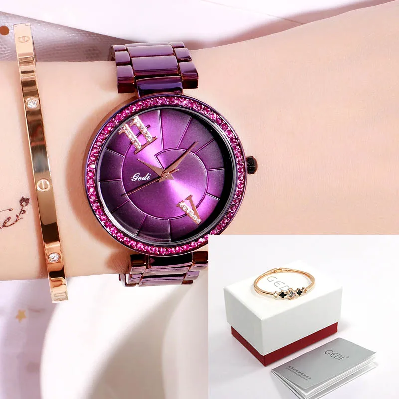Purple box GEDI модные элегантные женские часы с ремешком из сплава розового золота кварцевые наручные часы женские роскошные стразы уникальный дизайн часы с буквами - Цвет: Purple box