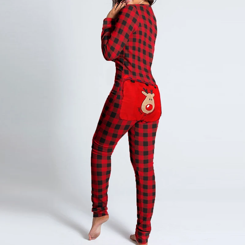 

Fashion Cute Hip Hollow Out Patchwork Playsuit Women Sexy Deep V-Neck Button Jumpsuit Casual Long Sleeve Christmas Print Rompers
