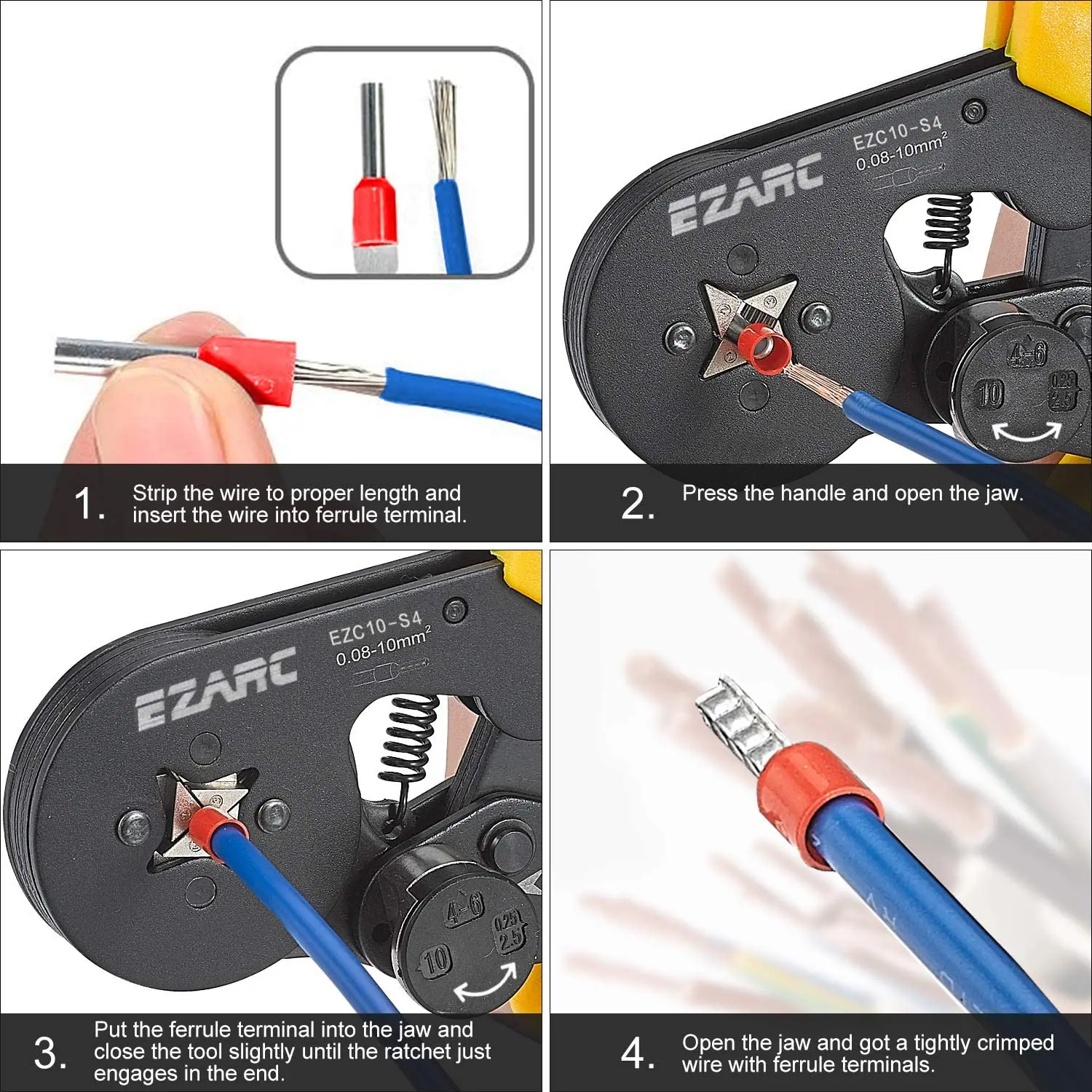 

EZARC Ferrule Crimping Tool, Quick-Switch Crimper Plier for AWG 23-7 (0.08-10mm) End-Sleeves Ferrule (Single)