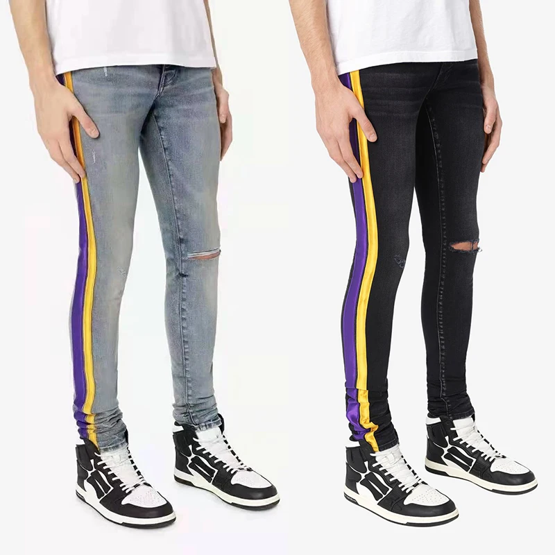

American Streetwear Fashion Men Jeans Elastic Cotton Slim Fit Ripped Jeans Men Stripe Printed Designer Hip Hop Denim Punk Pants
