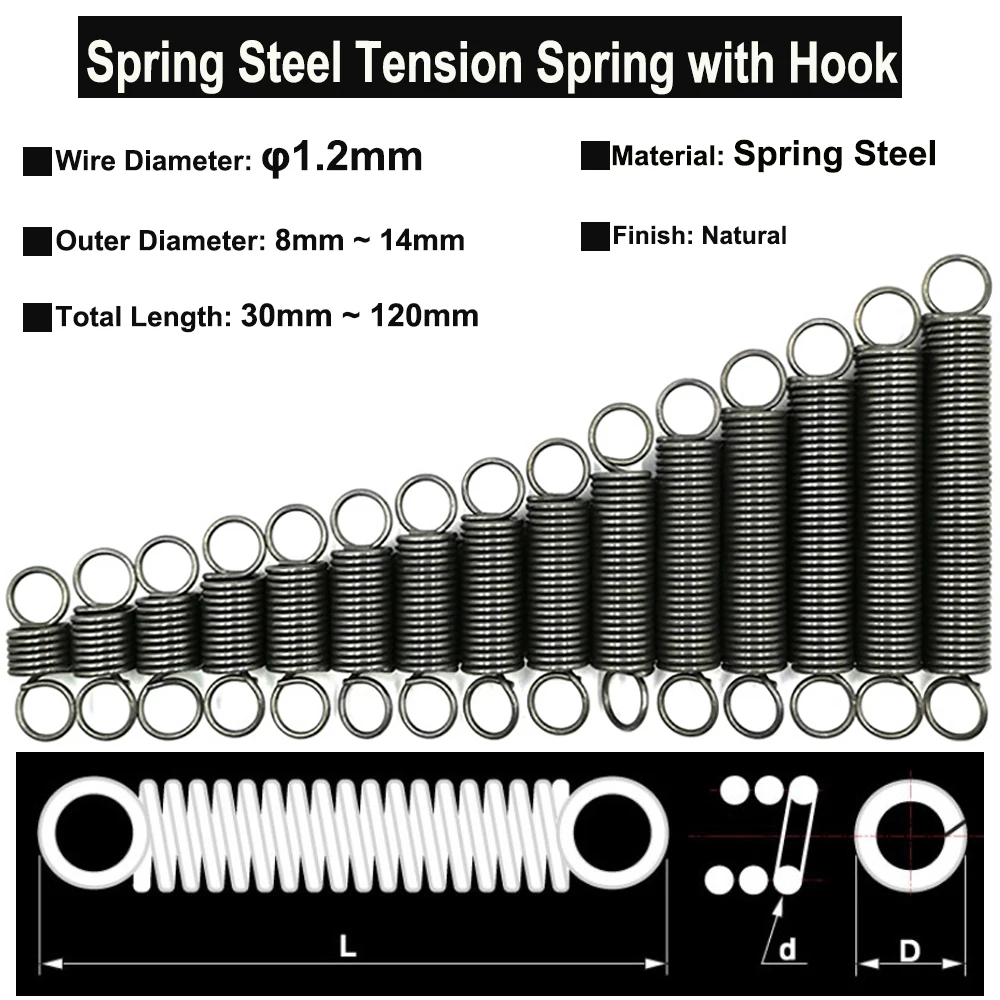 

10/5/3/2Pcs Wire Diameter φ1.2mm, OD8mm~14mm Spring Steel Tension Spring Closed Hook Cylindroid Helical Pullback Extension Coil