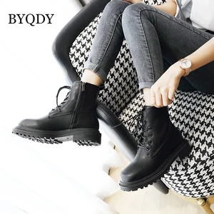 BYQDY Black PU Leather Ankle Boots Women Autumn Round Toe Thickening Lace Med Heels Shoes With Zipper Daily Wear Ladies Boot