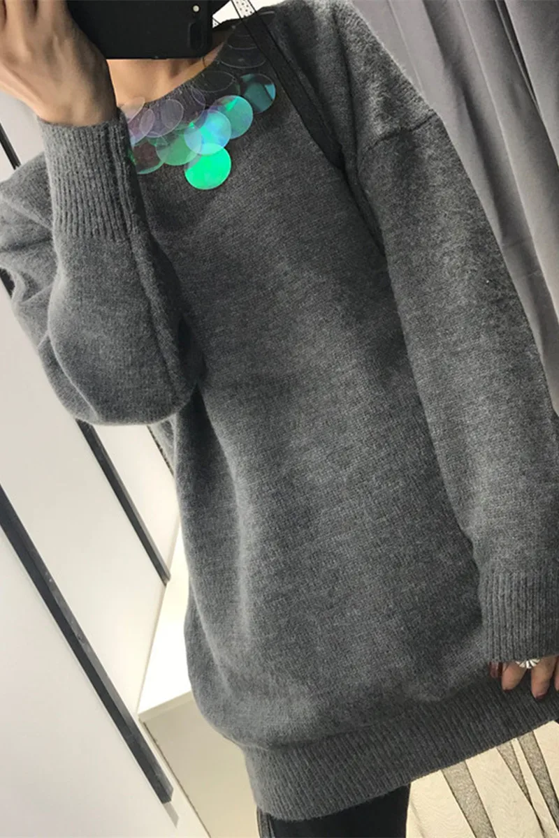 

Women Sweaters And Pullovers Rushed Lazy Wind Sweater 2020 New Female Sequined Collar Loose Wild Round Neck Pullover Knit Long
