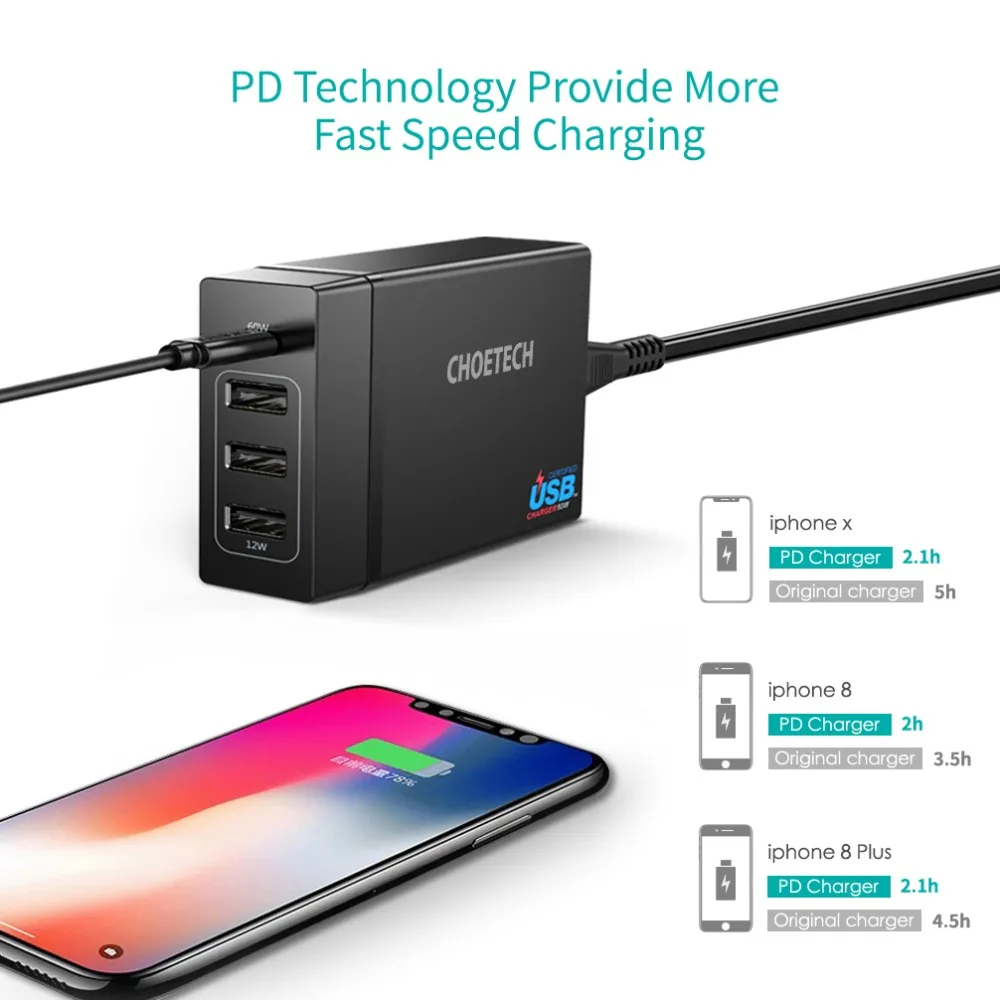 CHOETECH мульти Usb зарядное устройство USB C 4 порта 72 вт usb type PD станция для MacBook Pro iPad iPhone