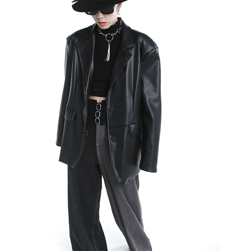 

SuperAen осень зима новый однотонный простой свободный костюм кожаные куртки для женщин