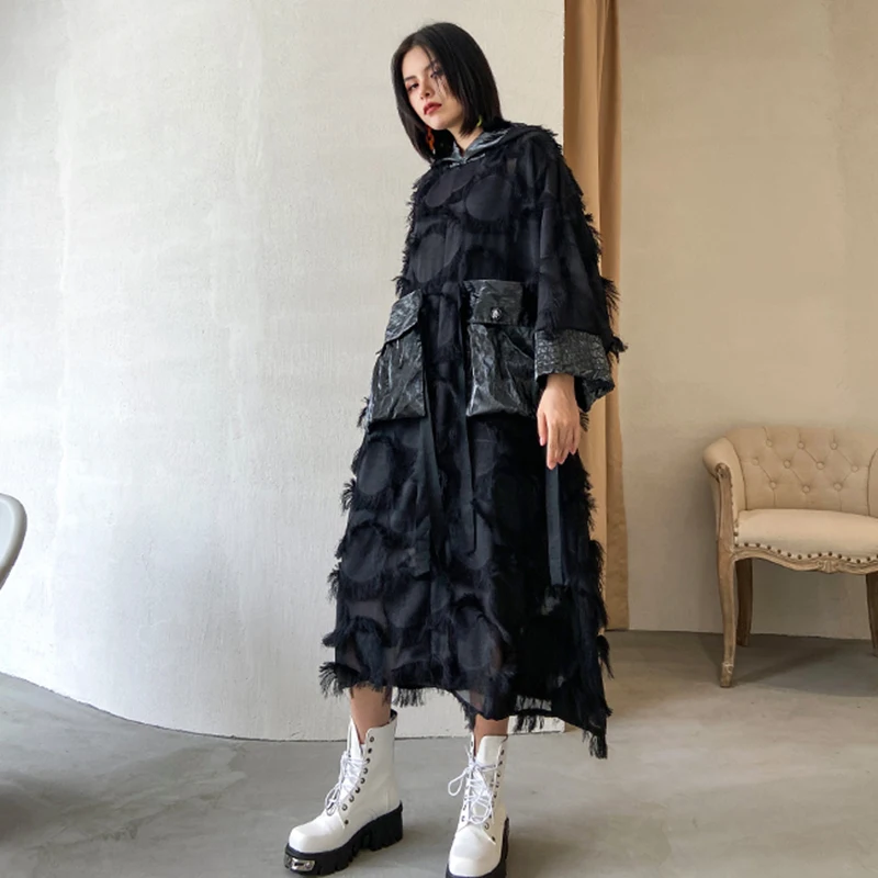 Женское асимметричное платье XITAO черное свободное уличное с капюшоном осень 2020