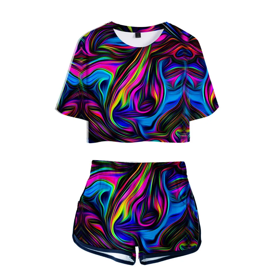 

Летние фонарики на завязках, наборы из двух предметов, женская мода, красочный психоделический сексуальный топ с открытым пупком и эластичн...