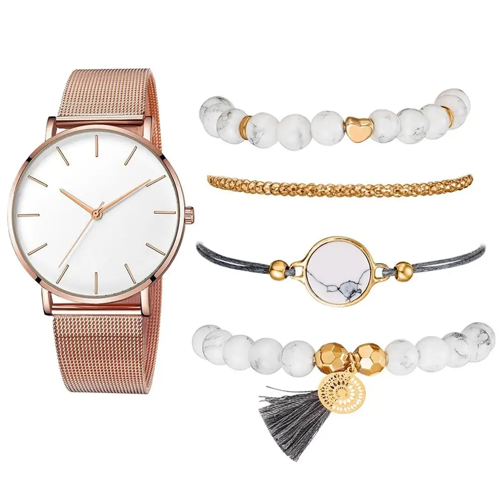 As Show Watch Set Новые Модные Элегантные женские часы, 5 шт. в наборе, браслет, кварцевый механизм, простые, водонепроницаемые, розовое золото, сетка, женские часы, Relogio Feminino - Цвет: As Show Watch Set