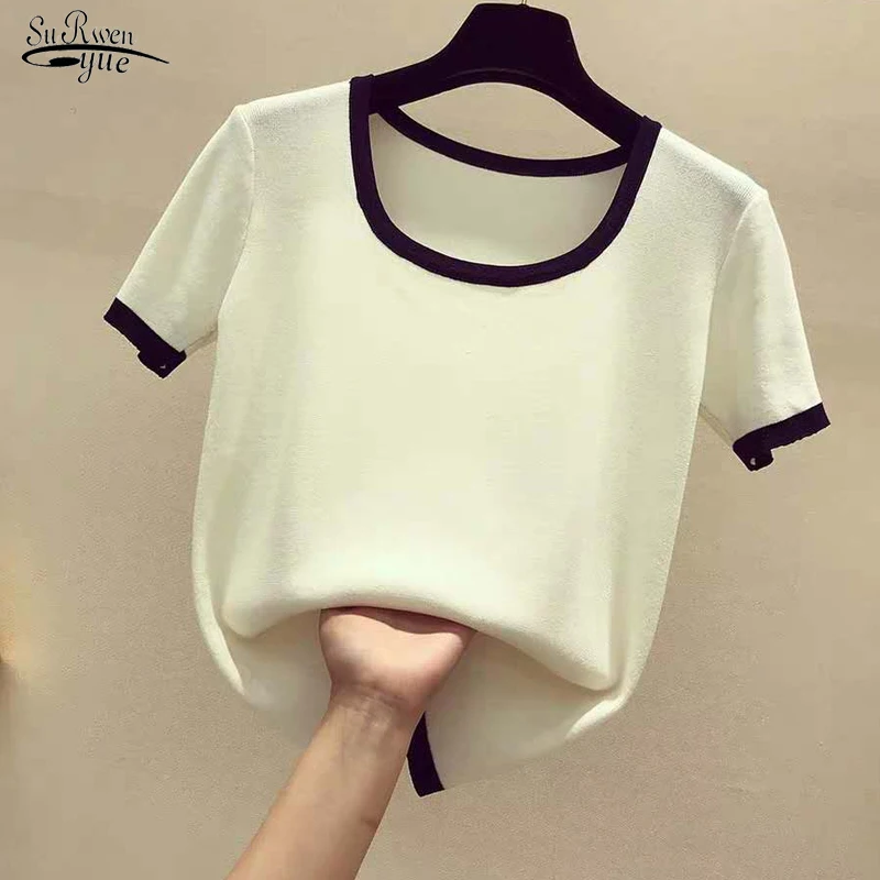 

2022 Summer Elegant Women Square Collar Short Sleeve Tops Solid Cotton Knitted T-shirt Casual Vintage Shirts Ladies Tops 9593