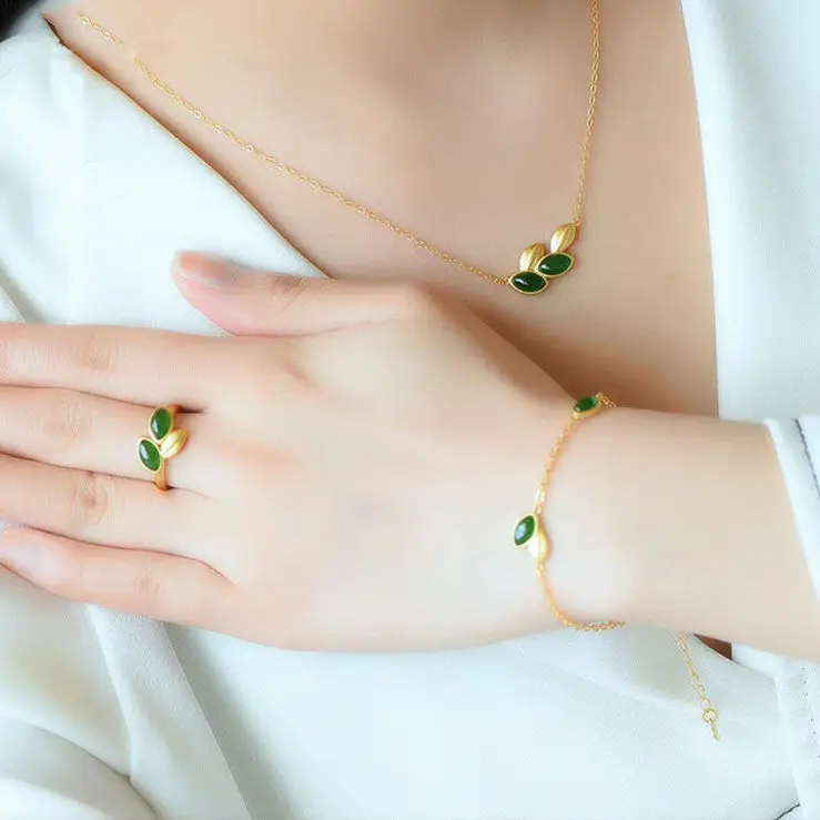 

Temperament Leaf Jasper Ring Necklace Bracelet Three-Piece Suit to Give Mom Sterling Silver Gilding Hetian Jade Inlaid Jewelry f