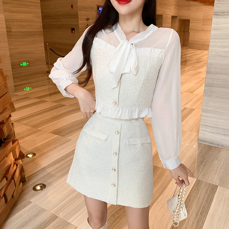 

2021 new fashion tweed skirt and small fragrant lace-up bow-knot long-sleeved top ladies elegant short skirt 2-piece suit