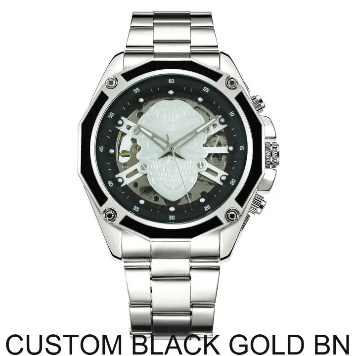 CUSTOM BLACK GOLD BN WINNER официальные деловые мужские часы Топ бренд класса люкс автоматические механические мужские часы с изображением скелета циферблат 3D череп наручные часы хип-хоп - Цвет: CUSTOM BLACK GOLD BN