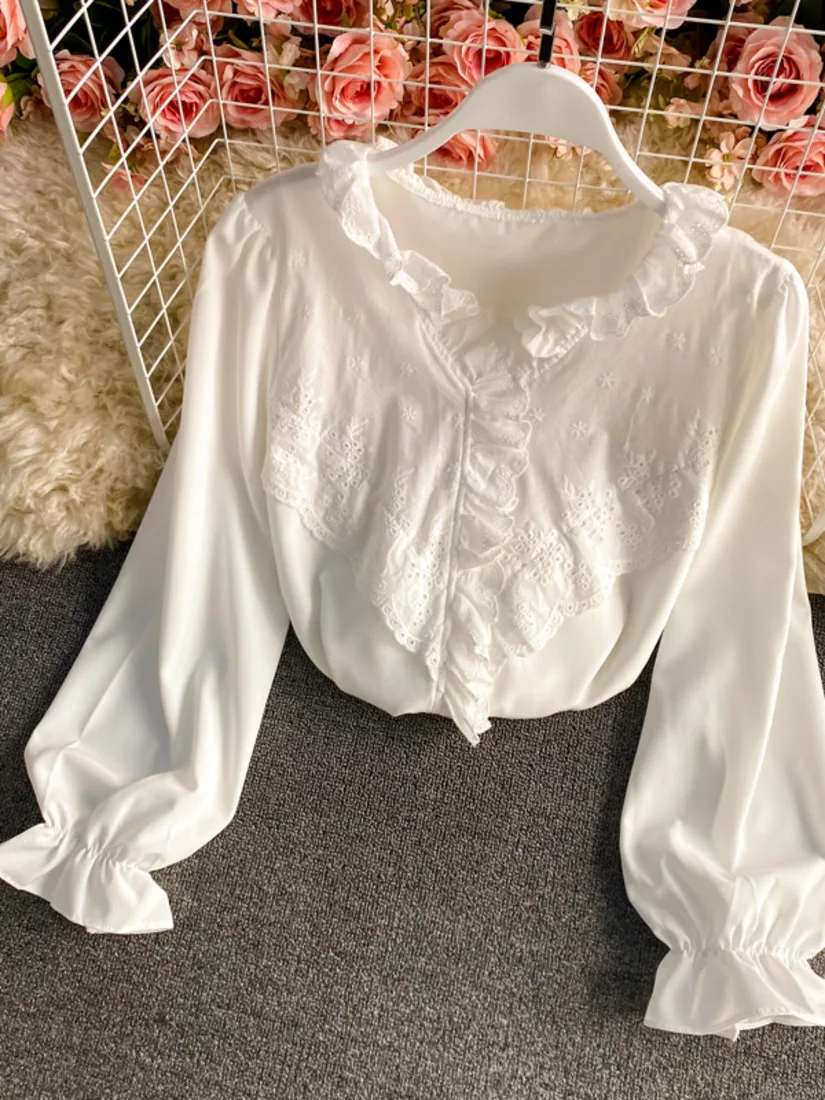 

2021 Spring New Fashion Chiffon Shirt Women Long Sleeve Korean Style Lace V-neck Blouse Stitching Girls' Top Casual Work Office
