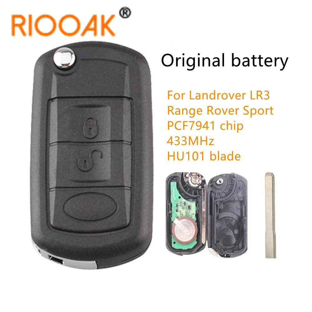 

RIOOAK For For Landrover LR3 Range Rover Sport HU101 3 Button 433MHz Flip Remote Car Key with PCF7941 Chip Original Battery