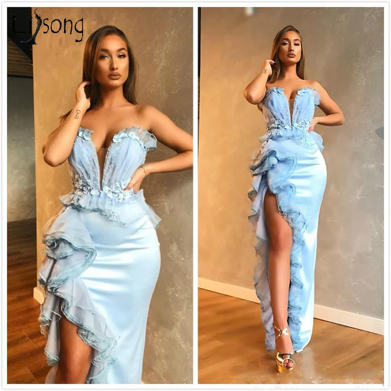 2019 арабское платье Aso Ebi небесно-голубого цвета кружевное с бисером и оборками