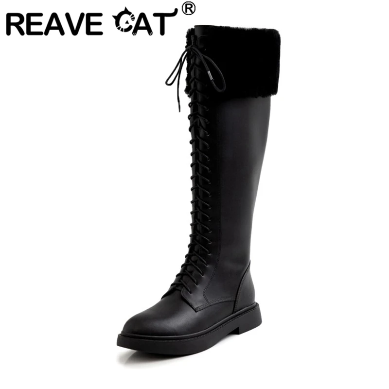 

REAVE CAT Woman Furry Winter Knee Boot Round Toe Low Square Heel Lace up Cross-tied Zipper lambs wool Big size 33-40 A2814