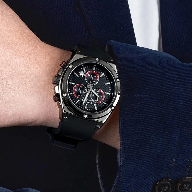 Люксовые часы от бренда Megir мужские черные Силиконовые Спортивные кварцевые