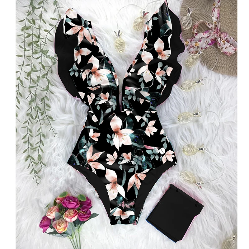 2021 New Print Swimwear Deep V-neck Ruffle Swimsuit Push Up One Piece Swimsuit Beach Wear Backless