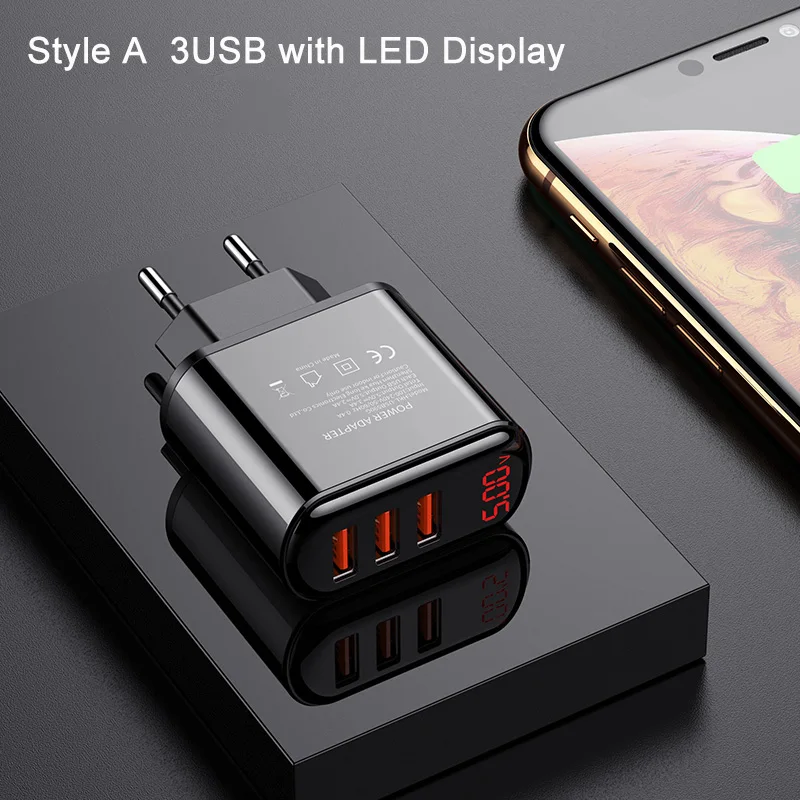 Item A 3 LED Port Светодиодный дисплей, 3 USB зарядного устройства QC3.0, 3 порта, быстрое зарядное устройство, штепсельная вилка европейского стандарта, зарядное устройство для мобильного телефона для samsung, iPhone, Xiaomi, дорожный настенный адаптер - Тип штекера: Item A 3 LED Port