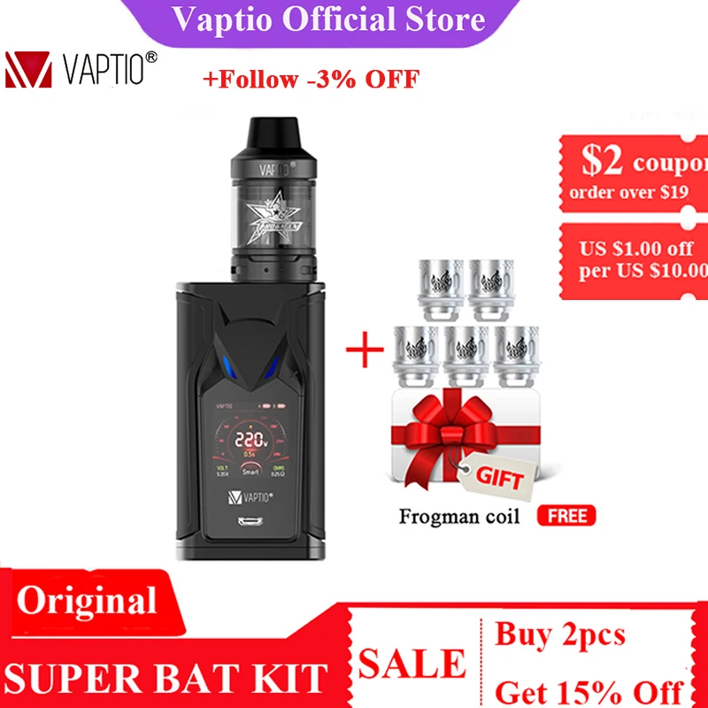 Подарок 5 шт катушек! VAPTIO супер летучая мышь 220 Вт Vape набор электронных сигарет 220 Вт коробка мод 2,0/5,0 мл бак Vape мод без батареи