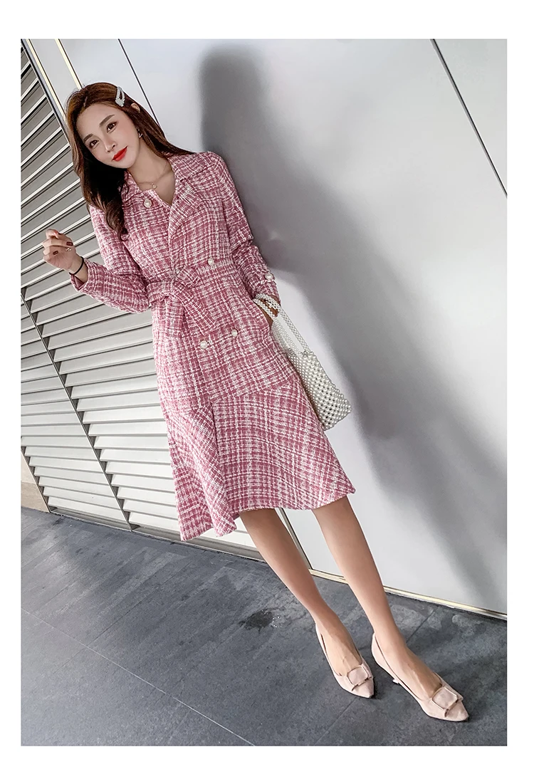 Autumn Winter Pink Plaid Tweed Wool Long Coat Women Notched Double Dreasted Sashes Ruffles Woolen Overcoat Mermaid Outerwear