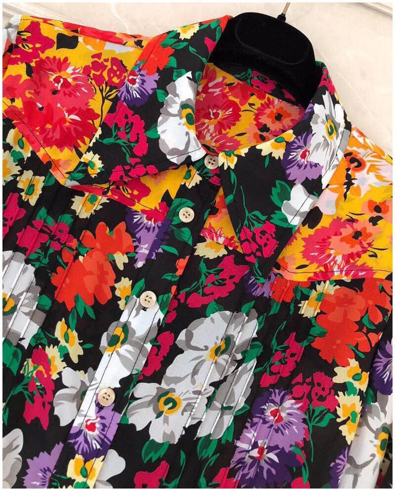 

2021 Summer Women's Silk Shirt Fashion Printed Flowers All-Match Buttons Long-Sleeved Silk Shirt