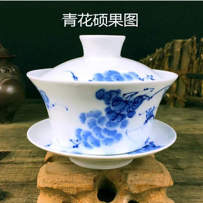Fruit Фарфоровая чаша Gaiwan Jingdezhen, 200 мл, покрытая синим и белым фарфором, миска Sancai, набор китайских чайных чашек и блюдца, чайная супница - Цвет: Fruit