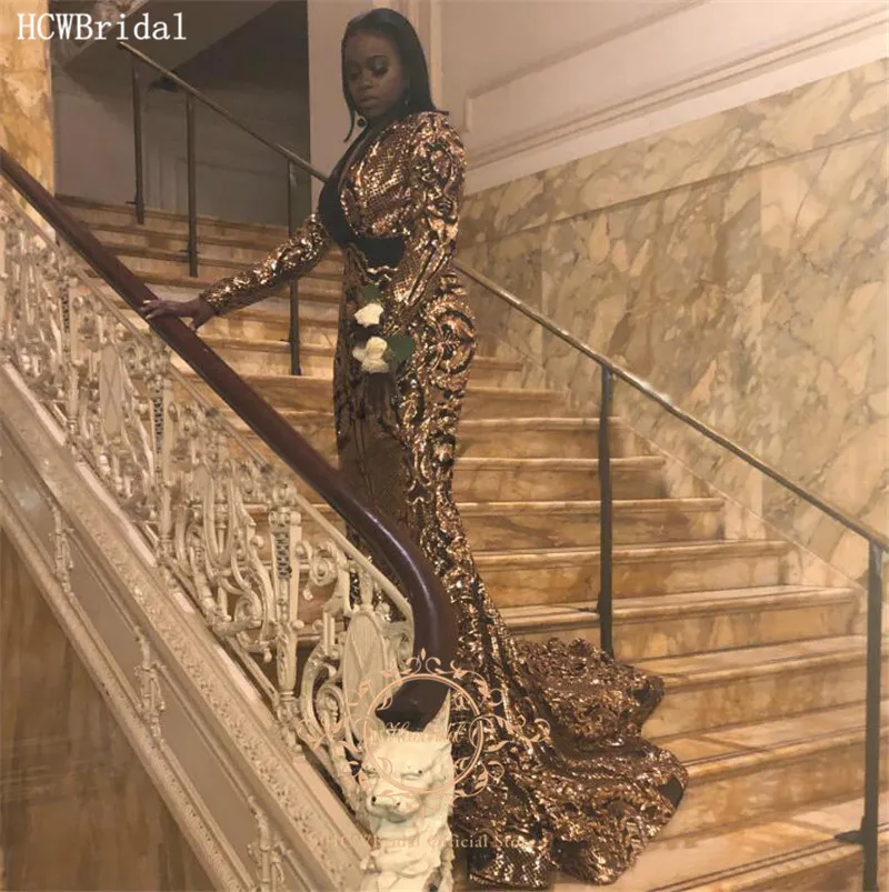 

Elegant Long Sleeves Gold Sequins Mermaid African Evening Dress V Neck Long Formal Dresses Plus Size Black Girls Prom Gowns