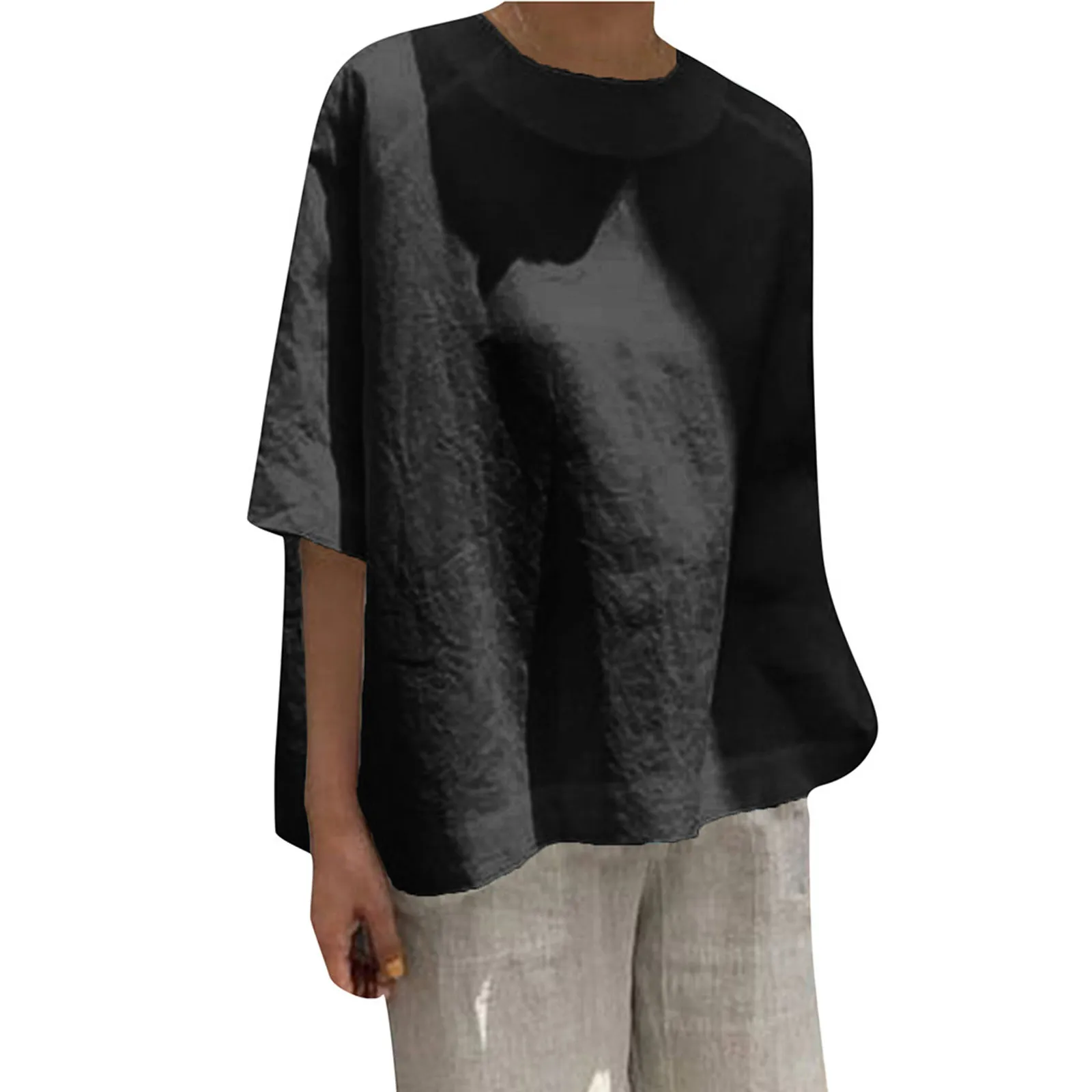 

Women Harajuku Tshirts Tee Casual Loose Linen Patchwork Plus Size Lady Daily Soild Blouse Tops Shirts Tops Tee Tshirt