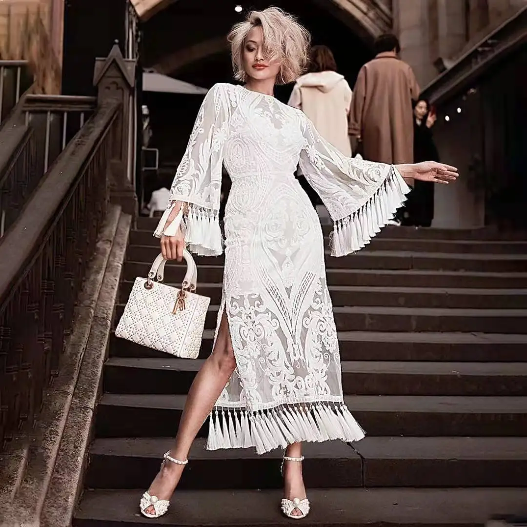 

Autumn 2019 women's embroidered dress tasser dress lace dress long skirt