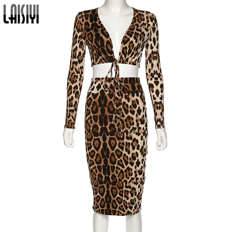 Leopard LAISIYI Мода Змея 2 комплект из двух предметов для женщин осень зима одно плечо укороченный топ Высокая талия юбка Сексуальная Клубная одежда костюмы с принтом - Цвет: Leopard