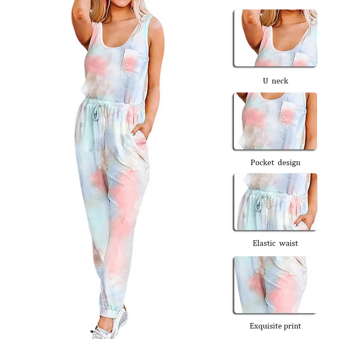 

Littlerossa Summer Two Pieces Tie Dye Women Set Sexy O Neck Sleeveless Shirt Drawstring Long Pants Suits Pocket Casual Tracksuit