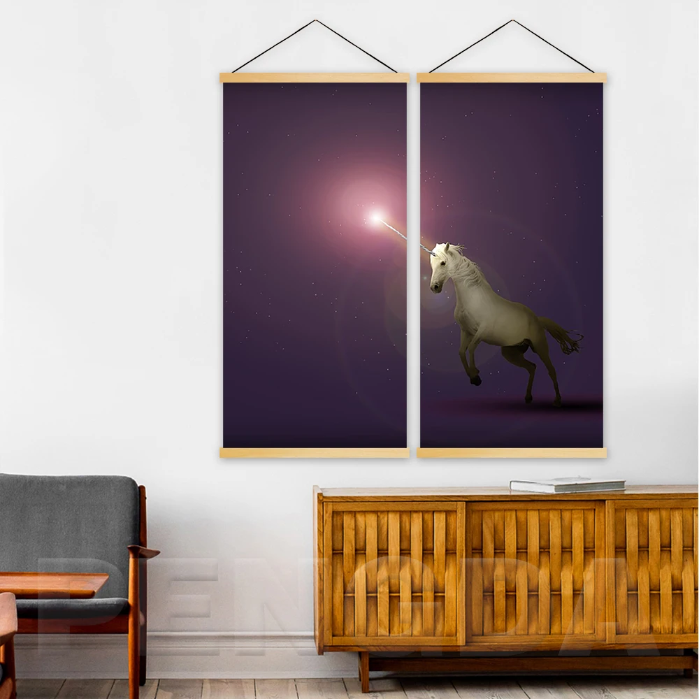 

Домашнее украшение Стены Искусства мультфильм постеры с единорогом пейзаж деревянный прокрутки подвесная картина для детской комнаты хол...