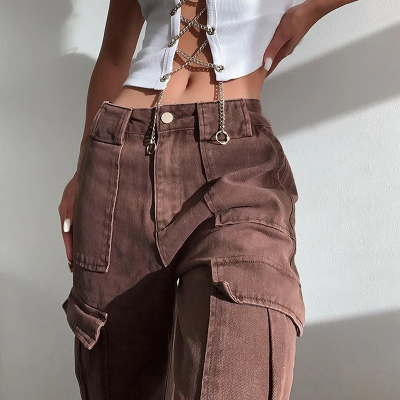 

Loose Oversize Brown Jeans Women 2021 Casual High Waisted Cargo Pants with Pockets Vintage Cotton Denim Trousers Streetwear