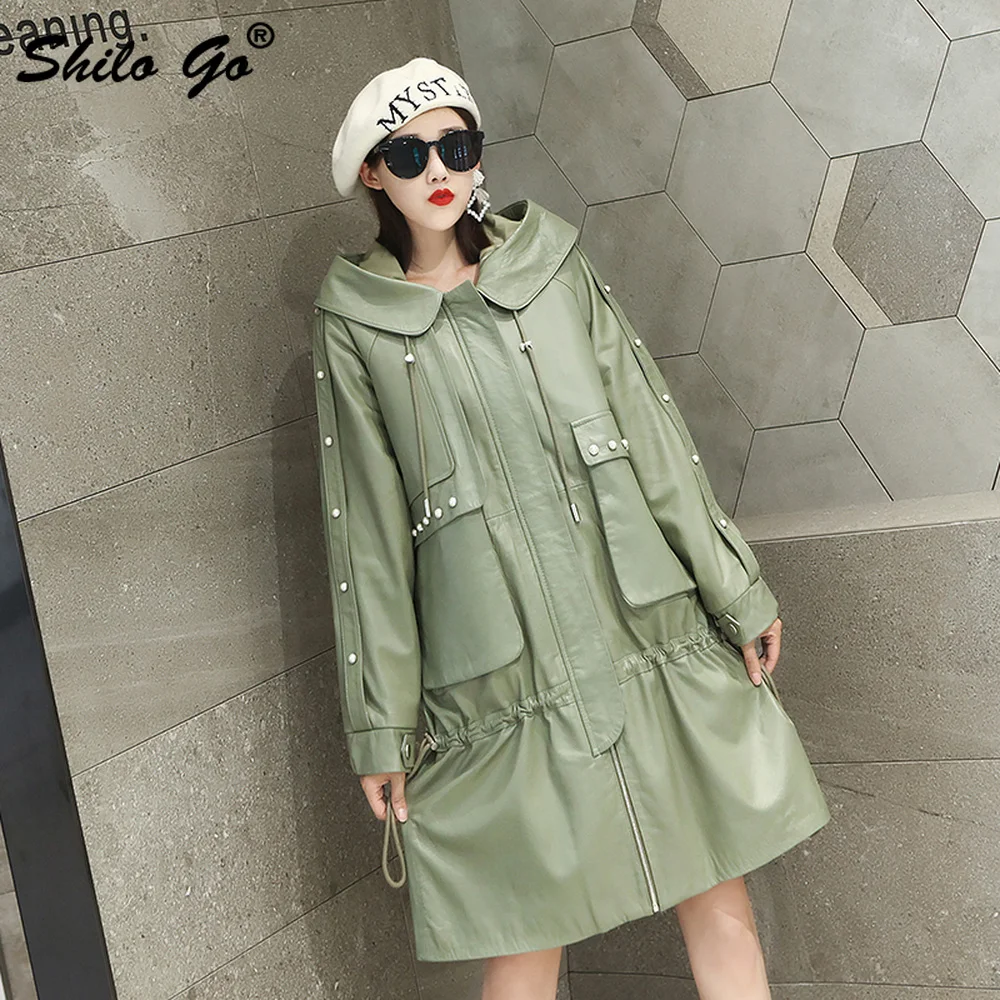 

Safari Style Hooded Collar Rivets Detail Pockets Long Trench Women Winter Casual Black Genuine Leather Coat Sheepskin Outwear