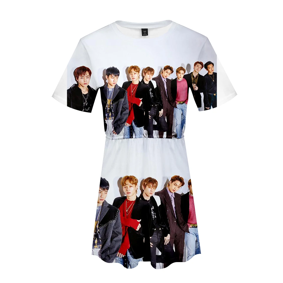 EXO южнокорейское однотонное летнее платье с коротким рукавом трендовая