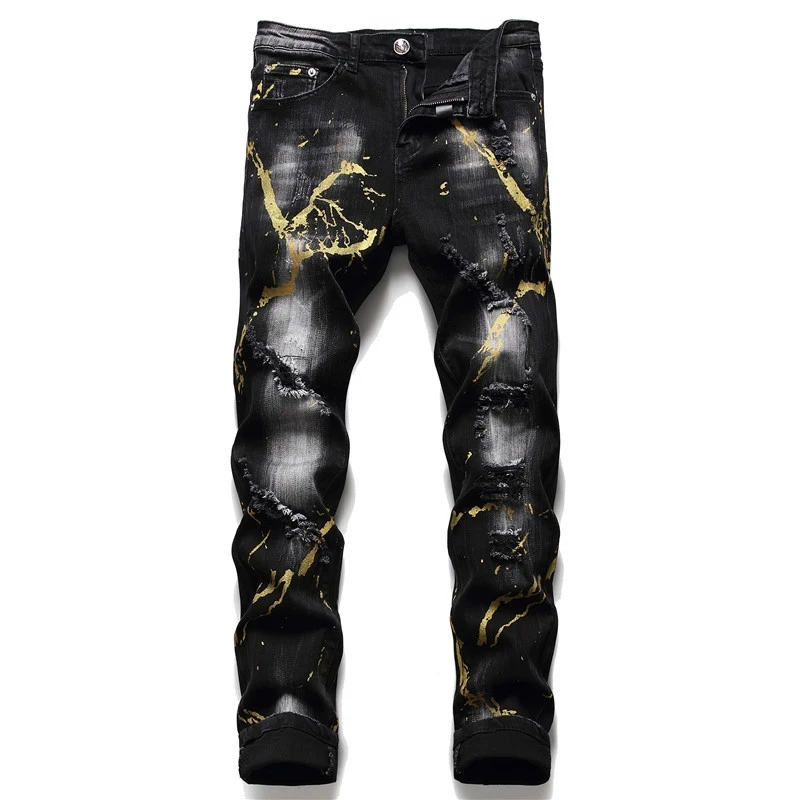 

European Style Autumn Winter New Tattered Men's Slim PP Wash Ripped Jeans Black Paint Splash Tight Stretch Fashion Male Trousers