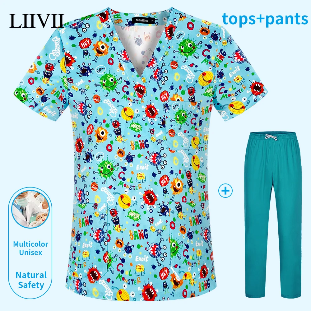

Unisex Dentist Scrub Tops High Quality Doctor Nurse Workwear Medical Surgery Clothes Beauty Salon Uniforms Cartoon Printing Tops
