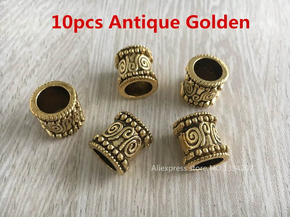 10pcs Antique Golden 5 шт-10 шт античные золотые/серебряные большие отверстия для волос дреды бусины трубчатые кольца для укладки волос аксессуары приблизительно 9,2 мм отверстие - Цвет: 10pcs Antique Golden