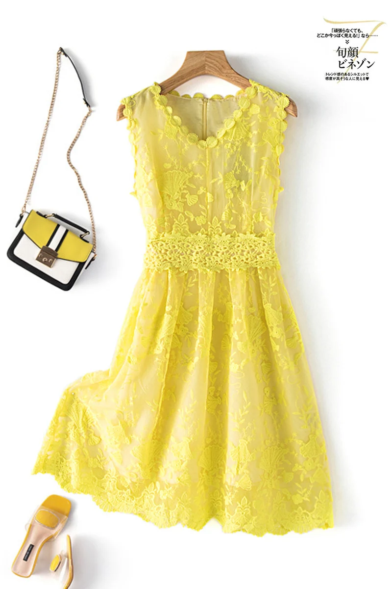 

Vestidos Plus Size Women Dress Elegant Sleeveless Yellow Korean Dress Floral Lace Ladies Dresses Robe Longue Summer Sundress