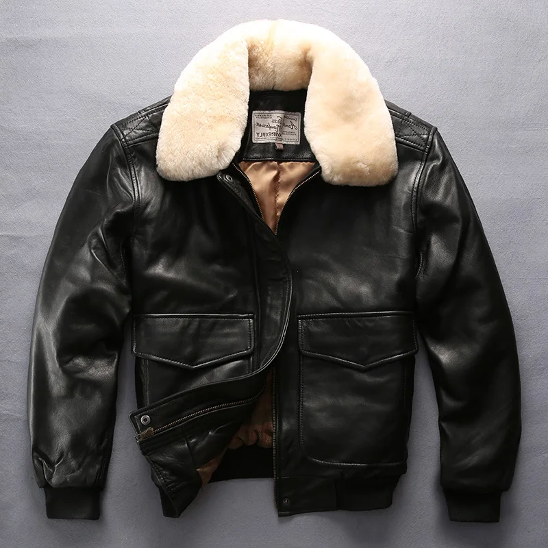 

fly air Avirex force flight jacket fur collar genuine leather jacket men black sheepskin coat winter bomber jacket male